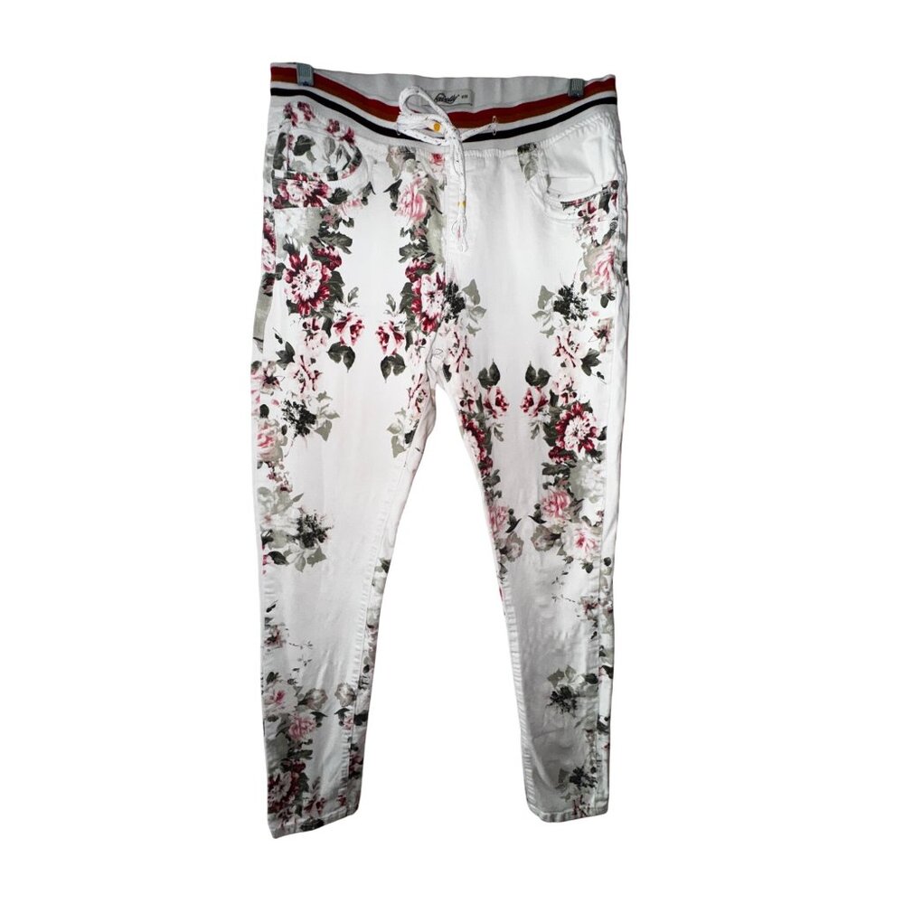 Jewelly Medium 38‎ Floral Jogger Pants White Pink Gray Boho Y2K Casual Stretch